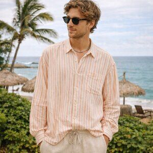 Tommy Bahama Relax SZ XL 100% Linen Button Up Shirt White Coral Stripe